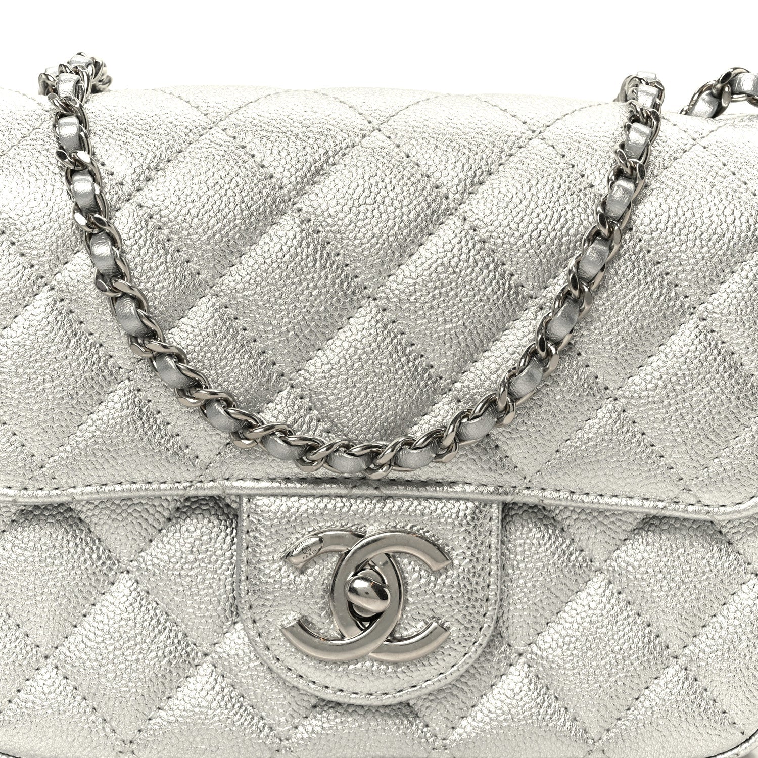Metallic Caviar Quilted Mini Square CC Slide Flap Silver