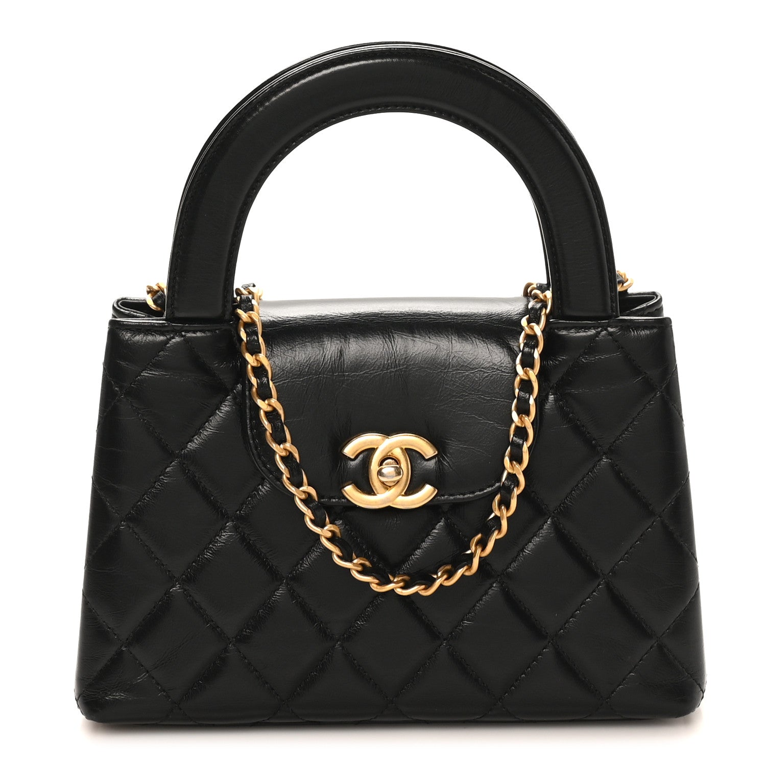 Shiny Aged Calfskin Quilted Nano Kelly Shopper Black