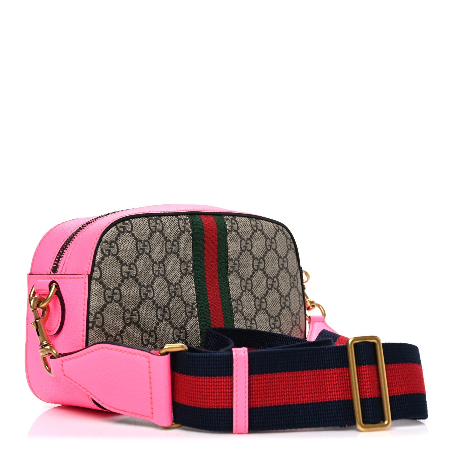 GG Supreme Monogram Textured Dollar Calfskin Web Ophidia Small Crossbody Bag Beige Ebony Fuchsia
