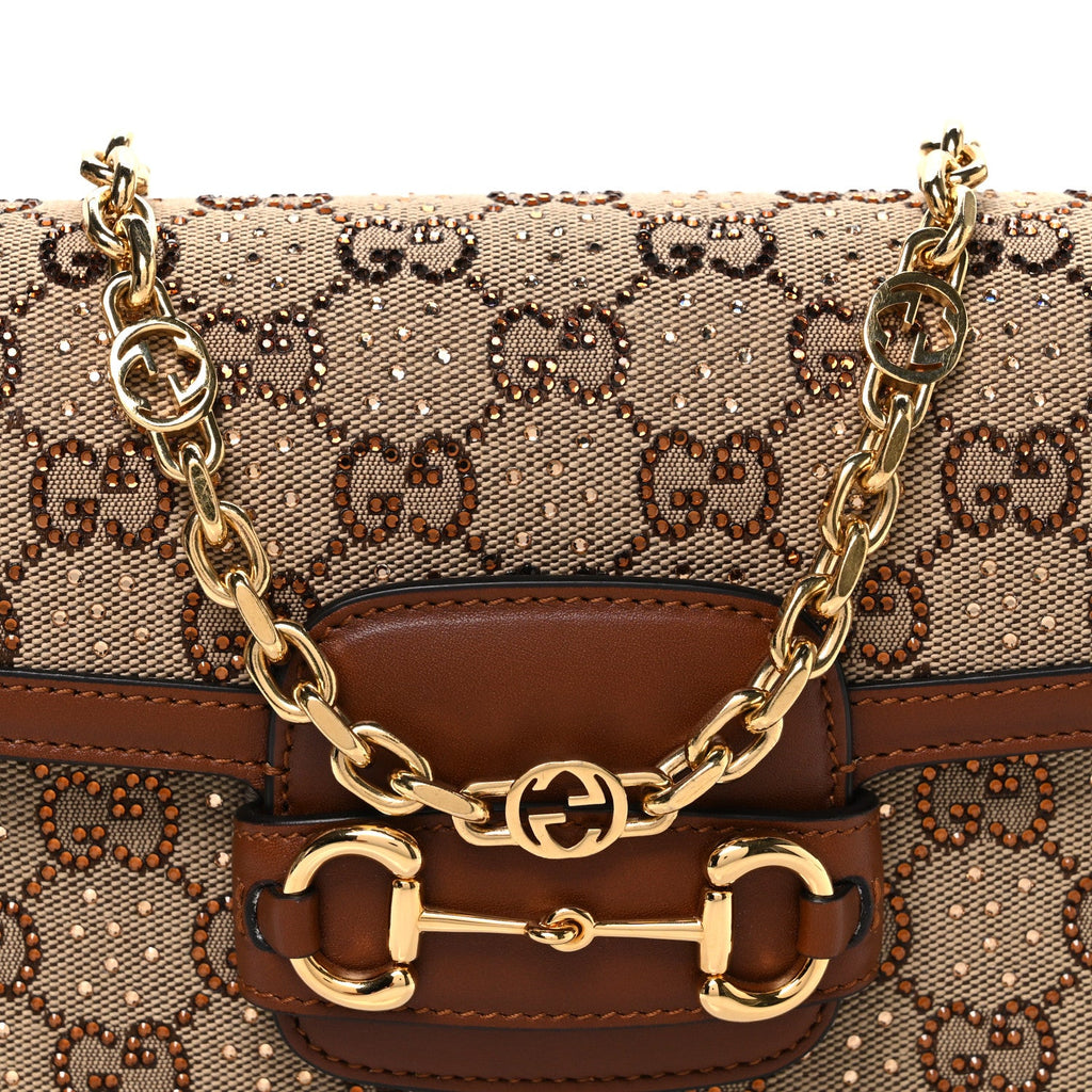 New Canvas Charisma Calfskin Crystal GG Monogram Mini Horsebit 1955 Shoulder Bag Camel Ebony