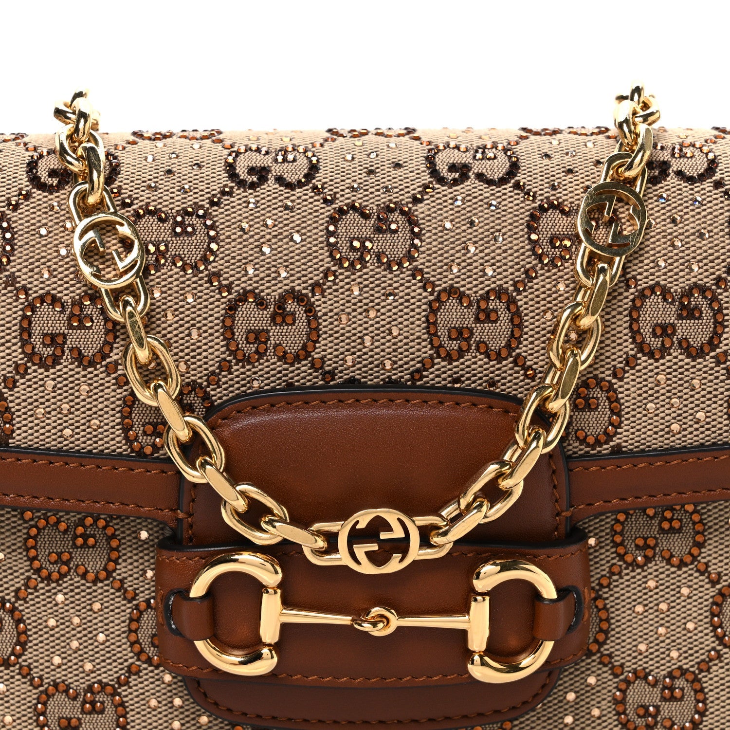 New Canvas Charisma Calfskin Crystal GG Monogram Mini Horsebit 1955 Shoulder Bag Camel Ebony