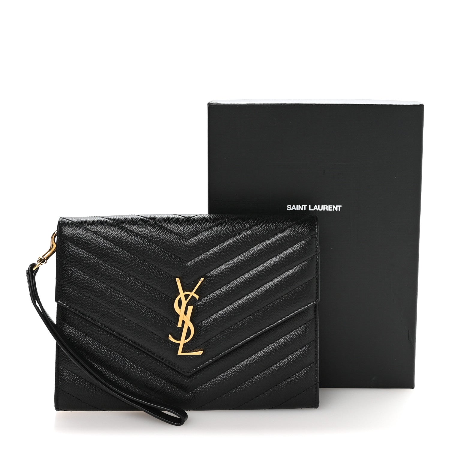 Grain De Poudre Matelasse Chevron Monogram Envelope Clutch Black