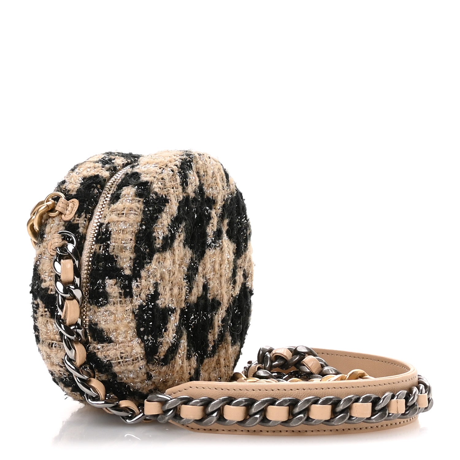 Wool Tweed Lambskin Quilted Chanel 19 Round Clutch With Chain and Coin Purse Beige Black