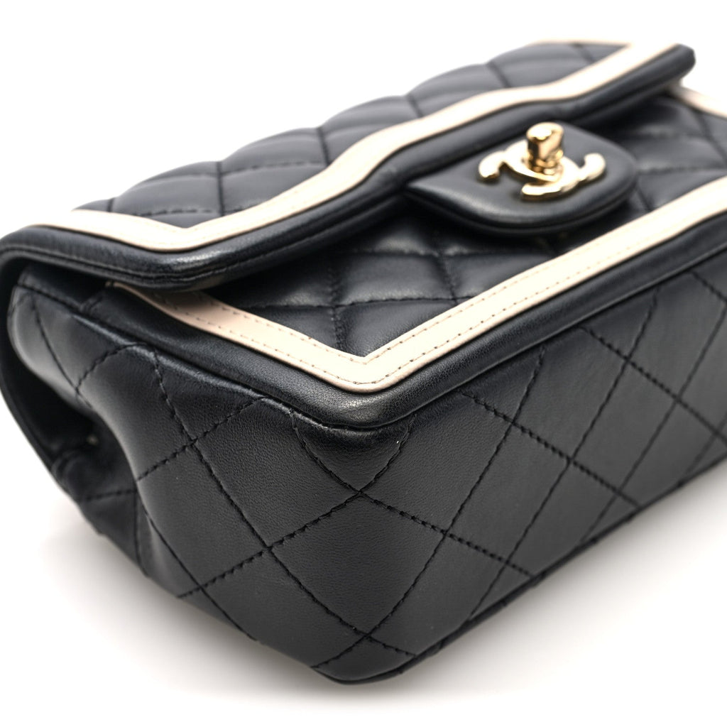 Shiny Lambskin Quilted Half Mini Flap Black Beige