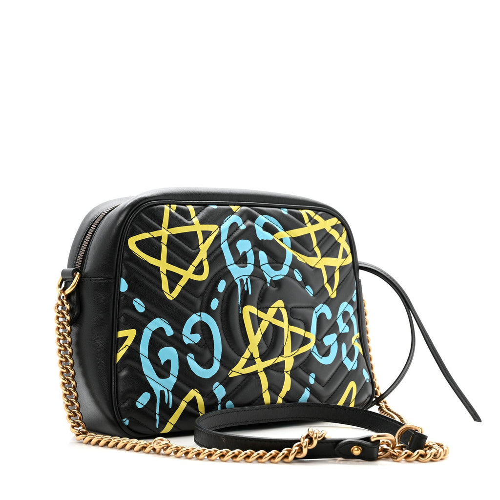 Calfskin Matelasse GucciGhost Medium GG Marmont Chain Shoulder Bag Black New Acquamarine