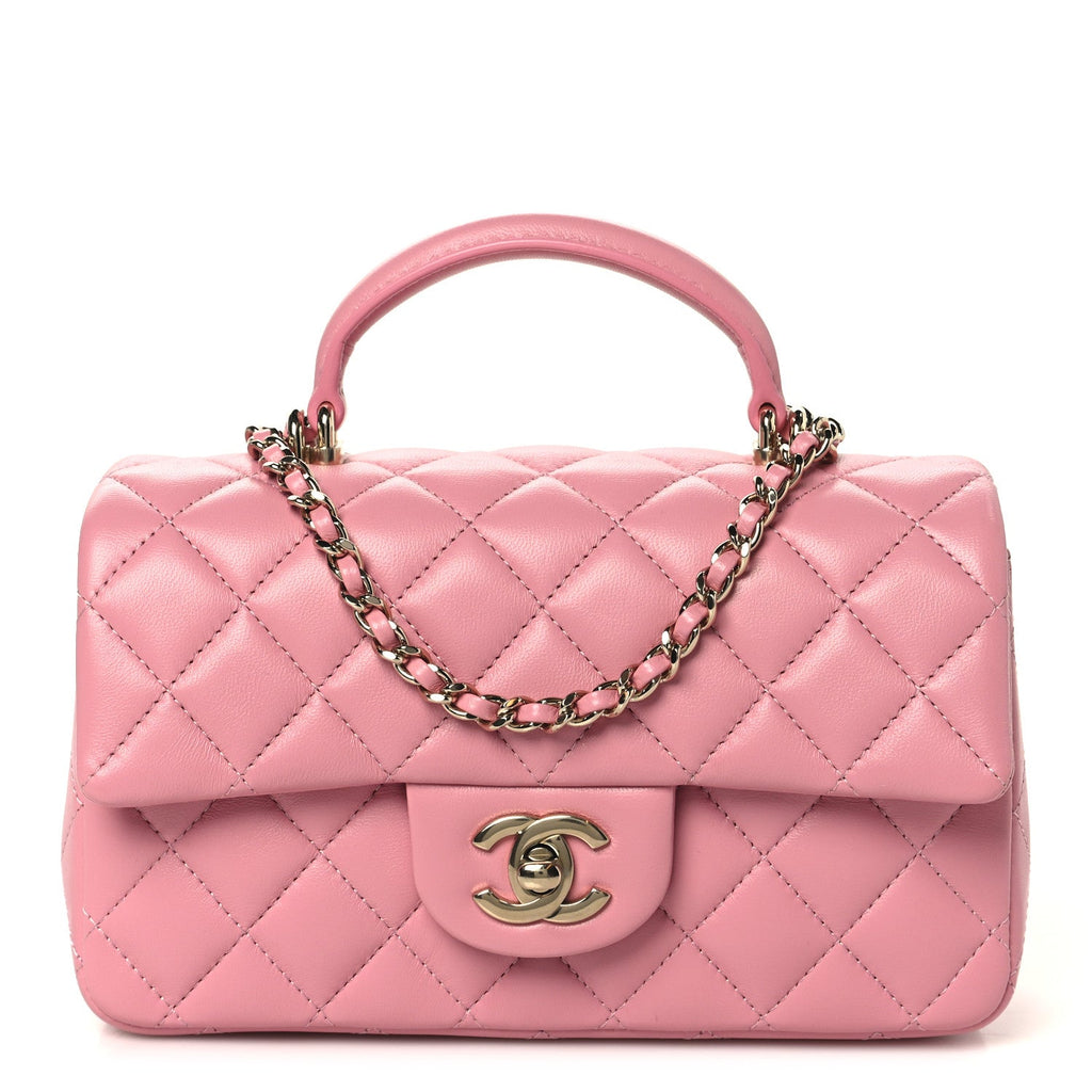 Lambskin Quilted Mini Top Handle Rectangular Flap Pink