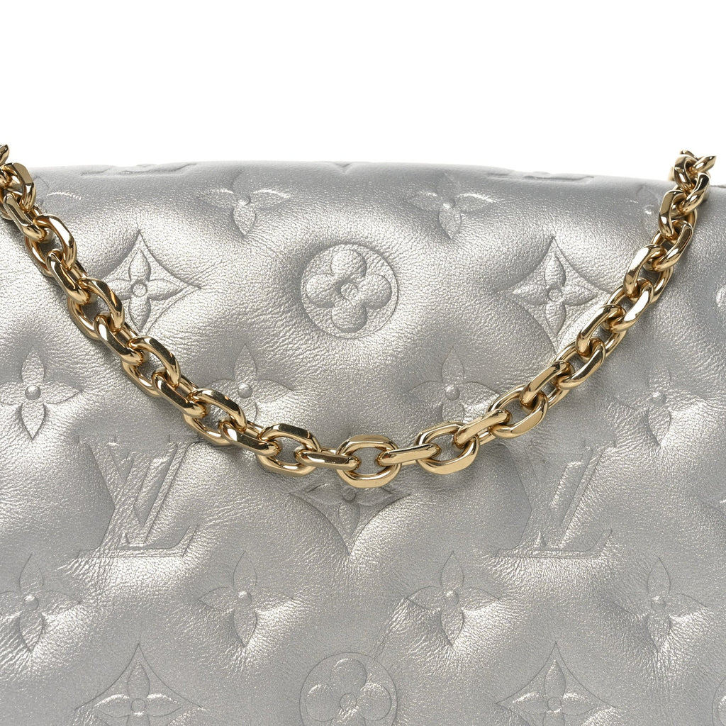 Metallic Lambskin Embossed Monogram Pochette Coussin Silver