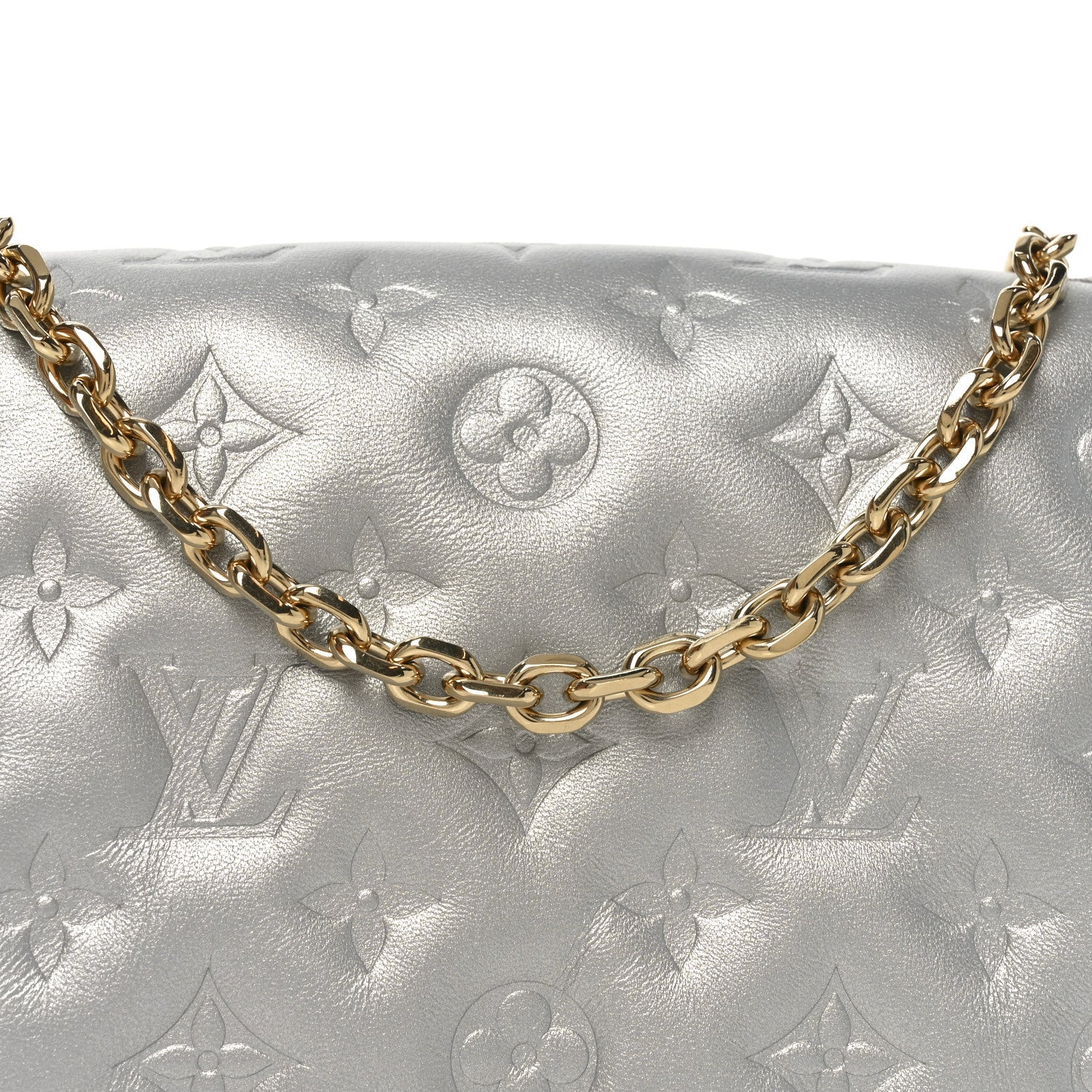Metallic Lambskin Embossed Monogram Pochette Coussin Silver