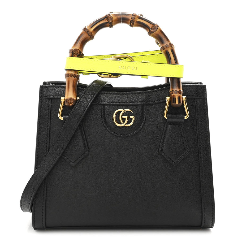 Wonka Grain Calfskin Mini Diana Tote Bag Black Yellow Fluo