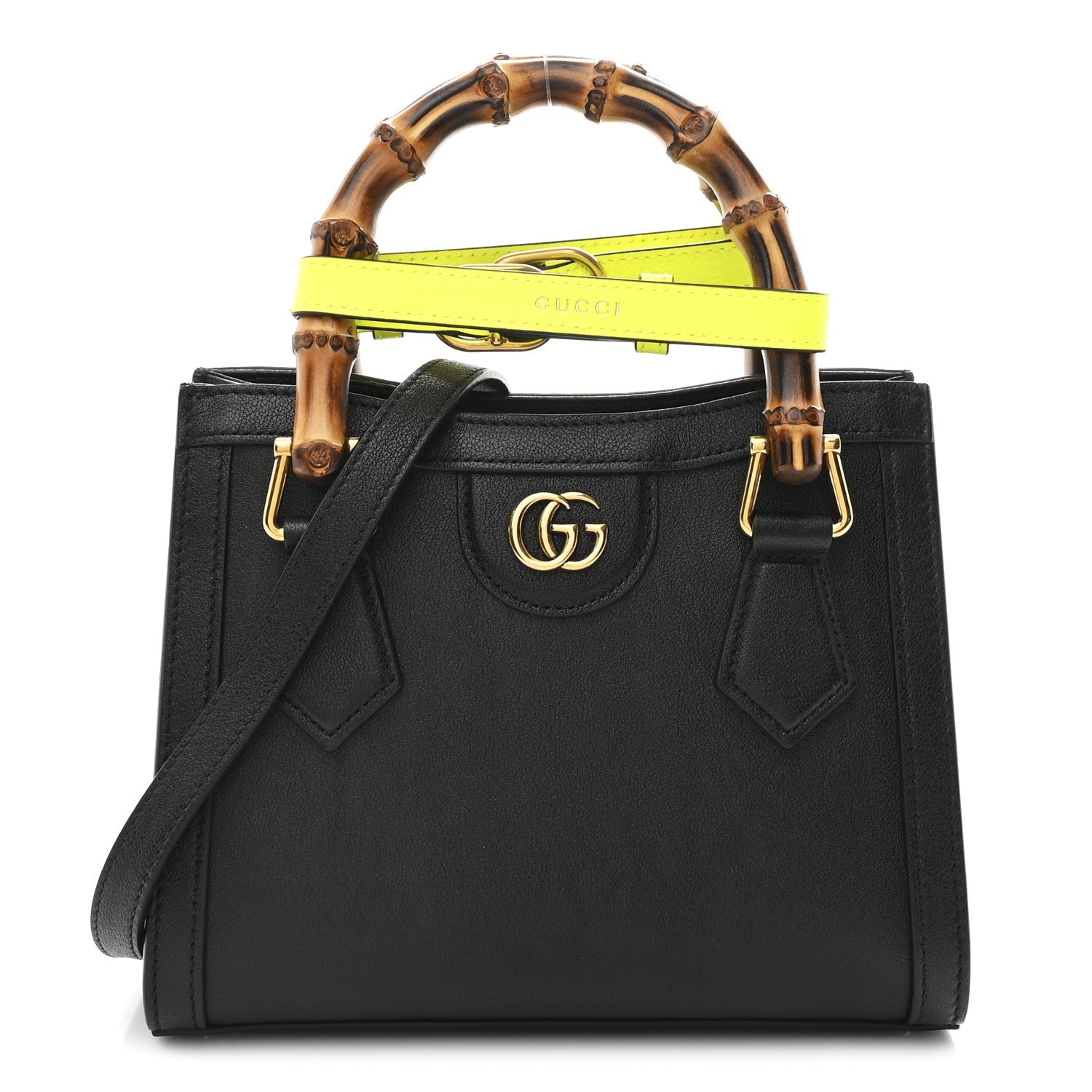 Wonka Grain Calfskin Mini Diana Tote Bag Black Yellow Fluo