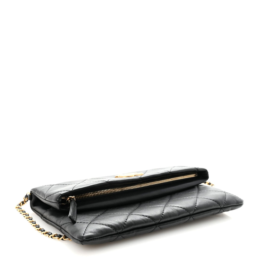 Calfskin Quilted Fold Over Clutch Black