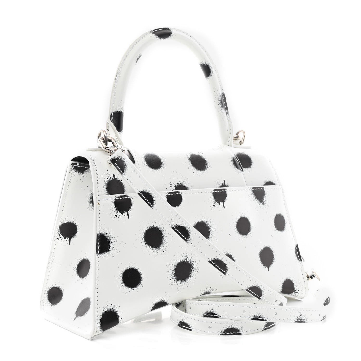 Smooth Calfskin Spray Polka Dot Small Hourglass Top Handle Bag White Black