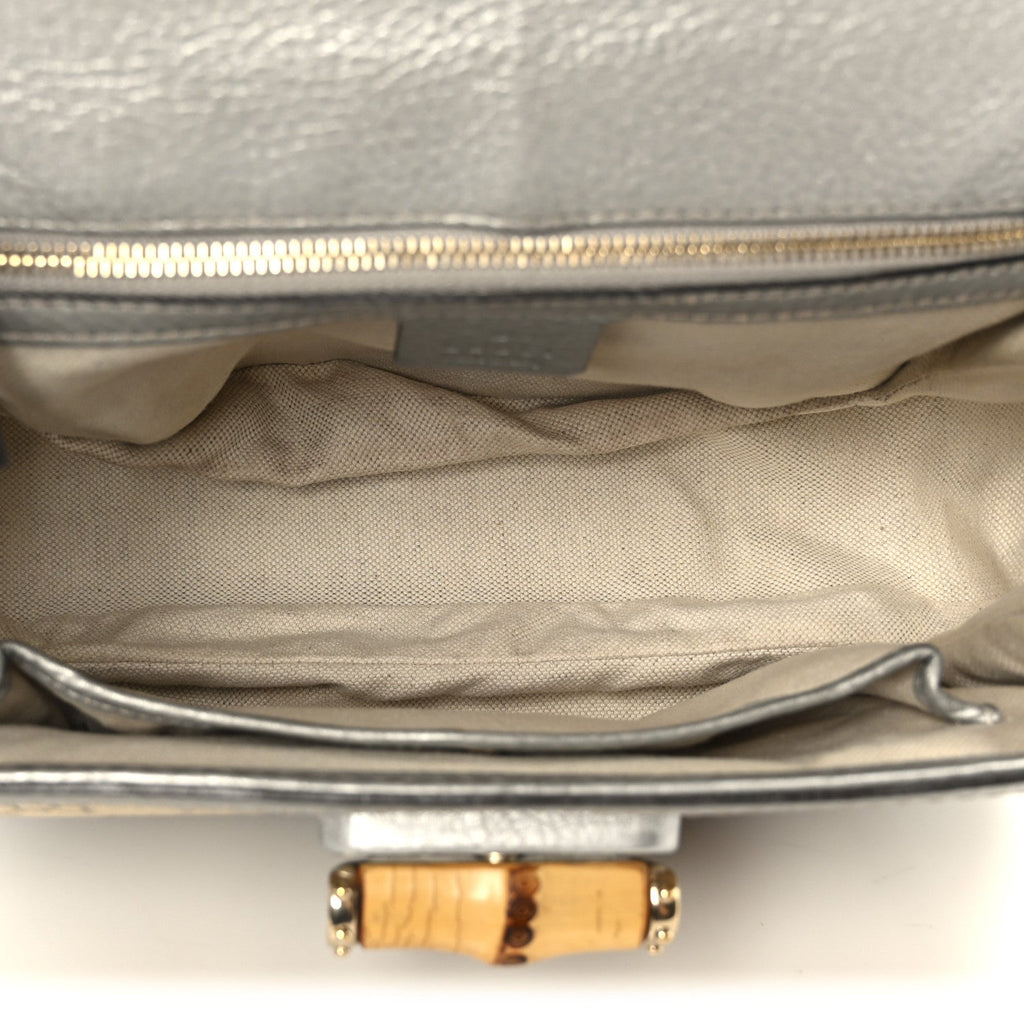 Monogram Metallic Calfskin Medium New Bamboo Top Handle Bag Silver Beige