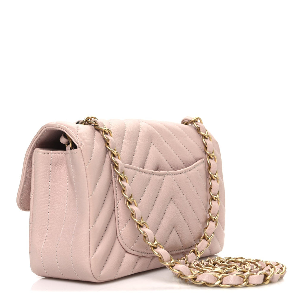 Calfskin Chevron Quilted Mini Rectangular Flap Light Pink