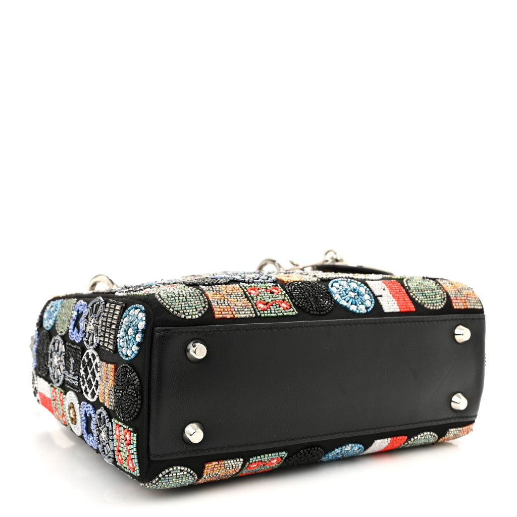 Satin Lambskin Embroidered Beaded Mini Lady Dior Black Multicolor