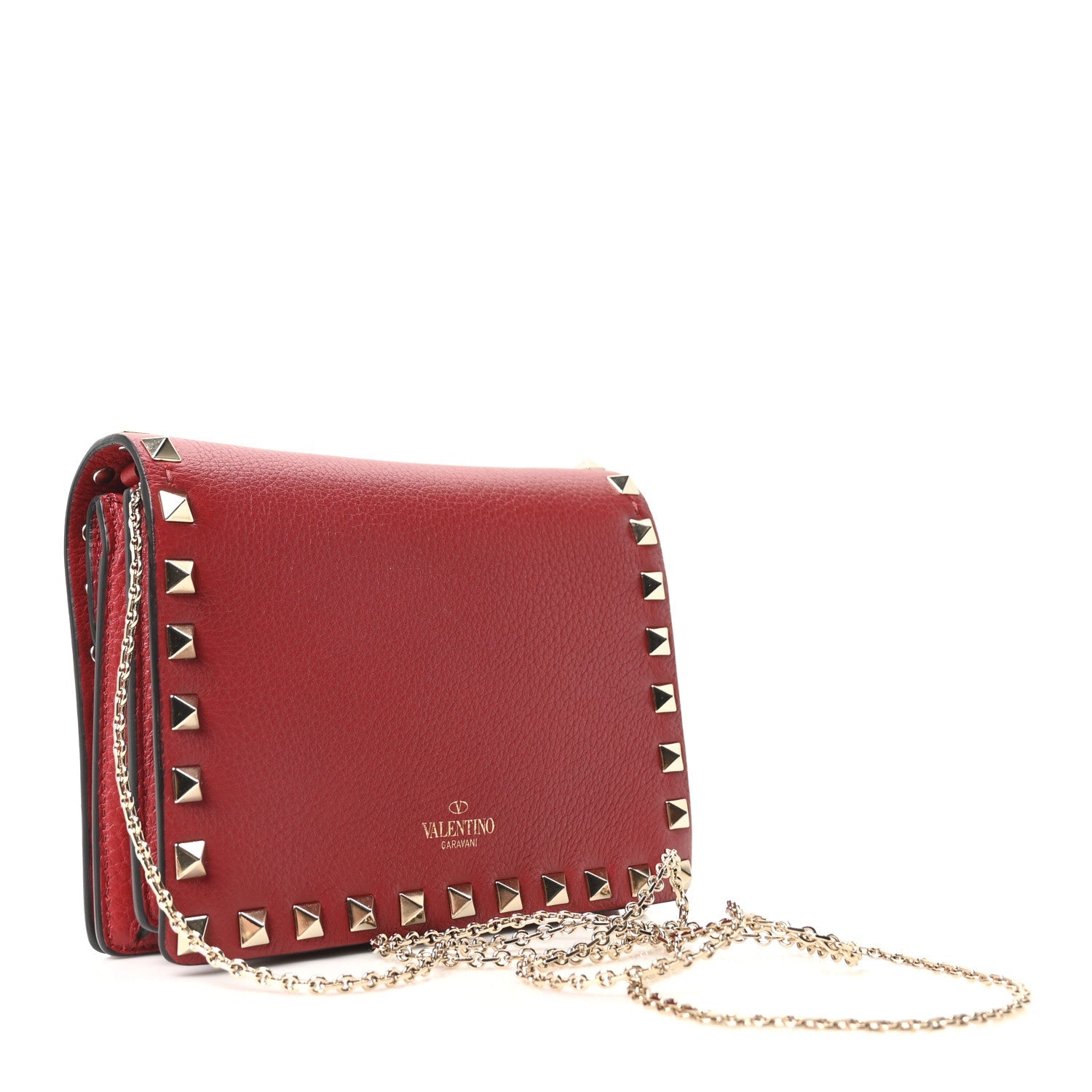 Pebbled Calfskin Rockstud Wallet on Chain Rouge Pur