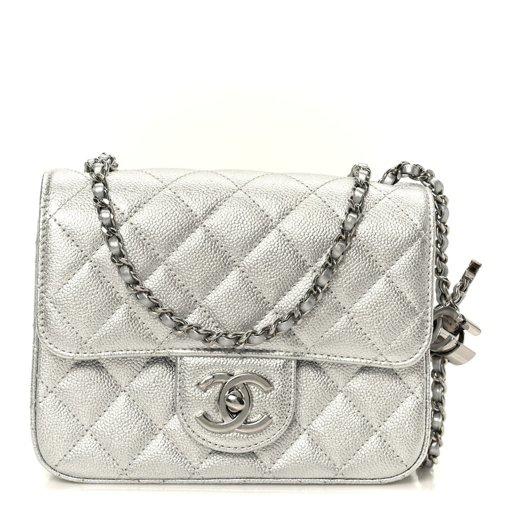 Metallic Caviar Quilted Mini Square CC Slide Flap Silver