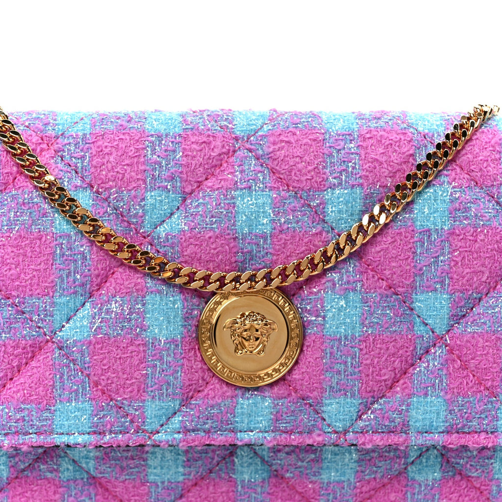 Tweed Quilted Medusa Wallet on Chain Crossbody Pink Blue
