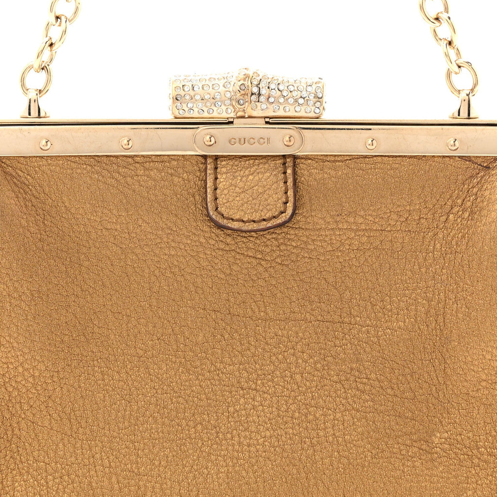 Metallic Grained Calfskin Crystal Frame Evening Bag Bronze