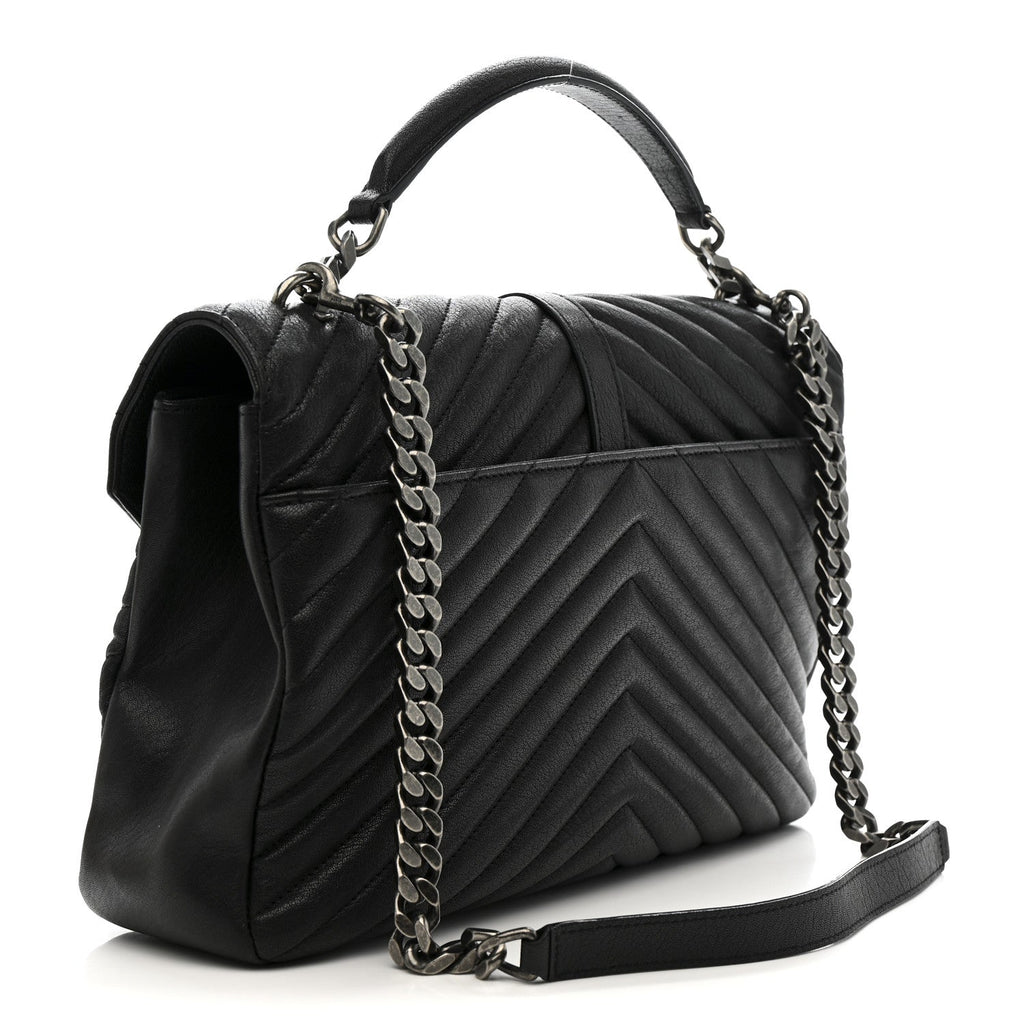 Sheepskin Matelasse Chevron Monogram Large College Satchel Black