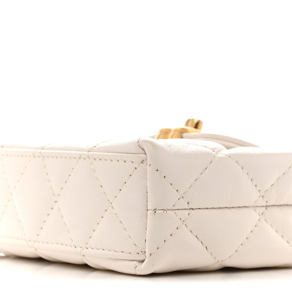 Shiny Aged Calfskin Quilted Mini Nano Kelly Shopper White