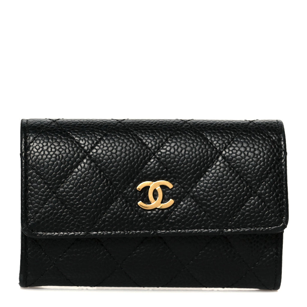 Caviar Quilted Flap  Holder Wallet Black