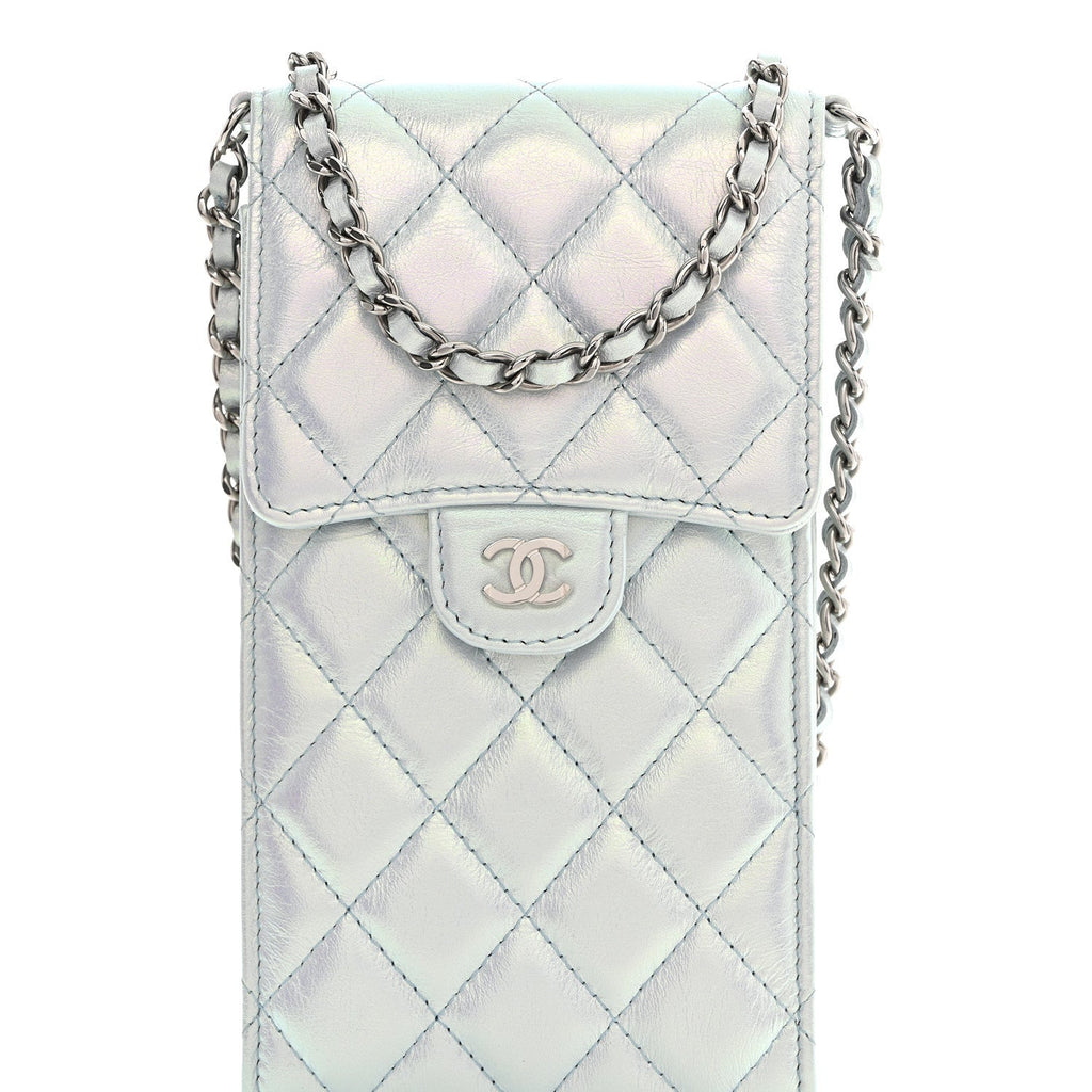 Iridescent Lambskin Quilted CC Phone Holder Blue