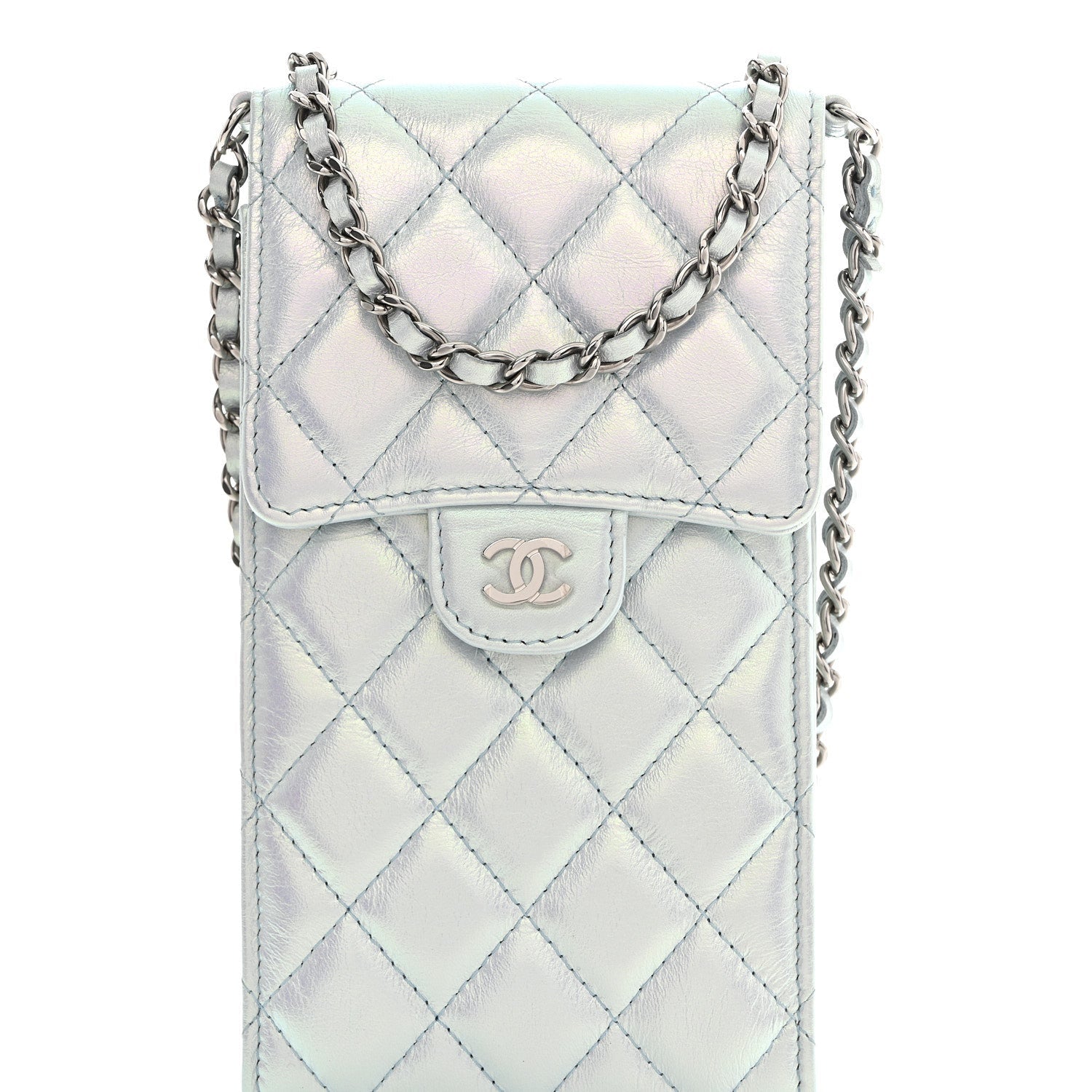 Iridescent Lambskin Quilted CC Phone Holder Blue