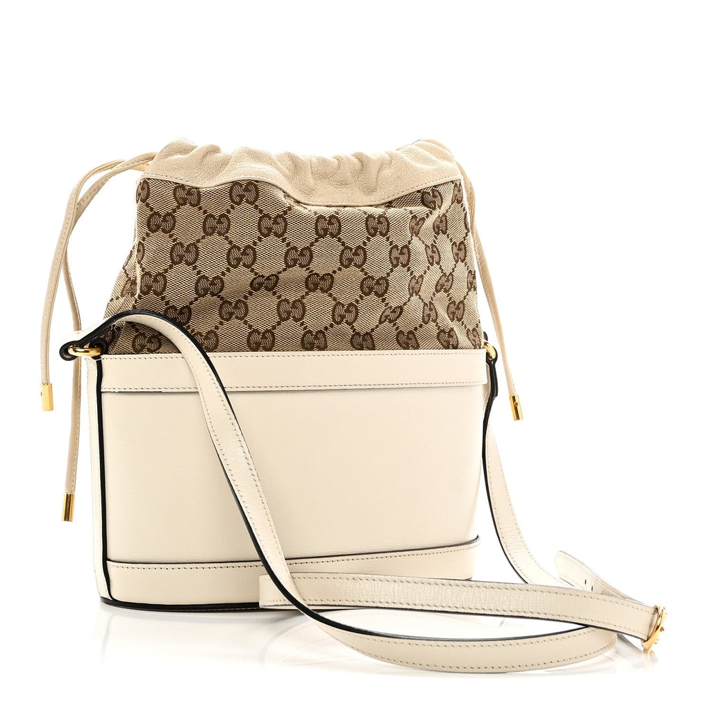 Monogram Textured Calfskin Horsebit 1955 Drawstring Bucket Bag Beige Mystic White
