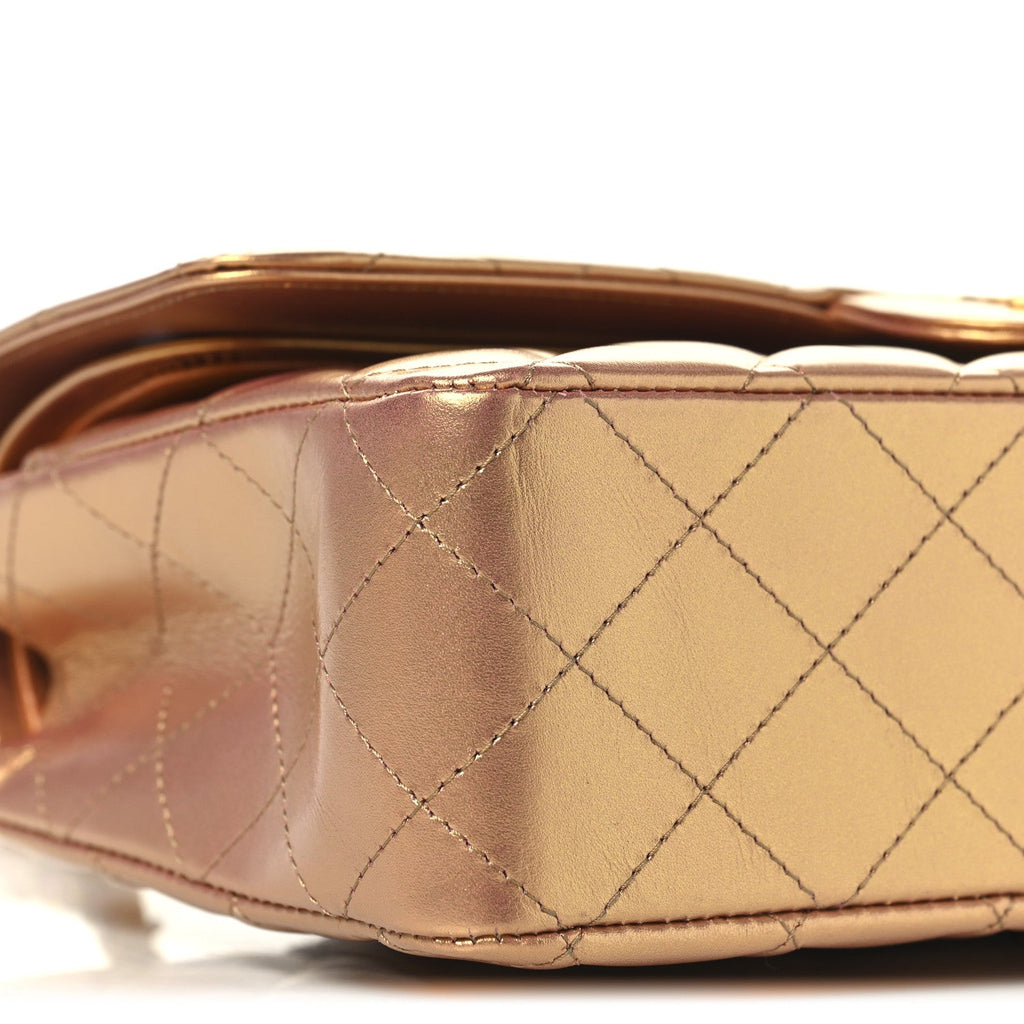 Metallic Lambskin Quilted Medium Double Flap Golden