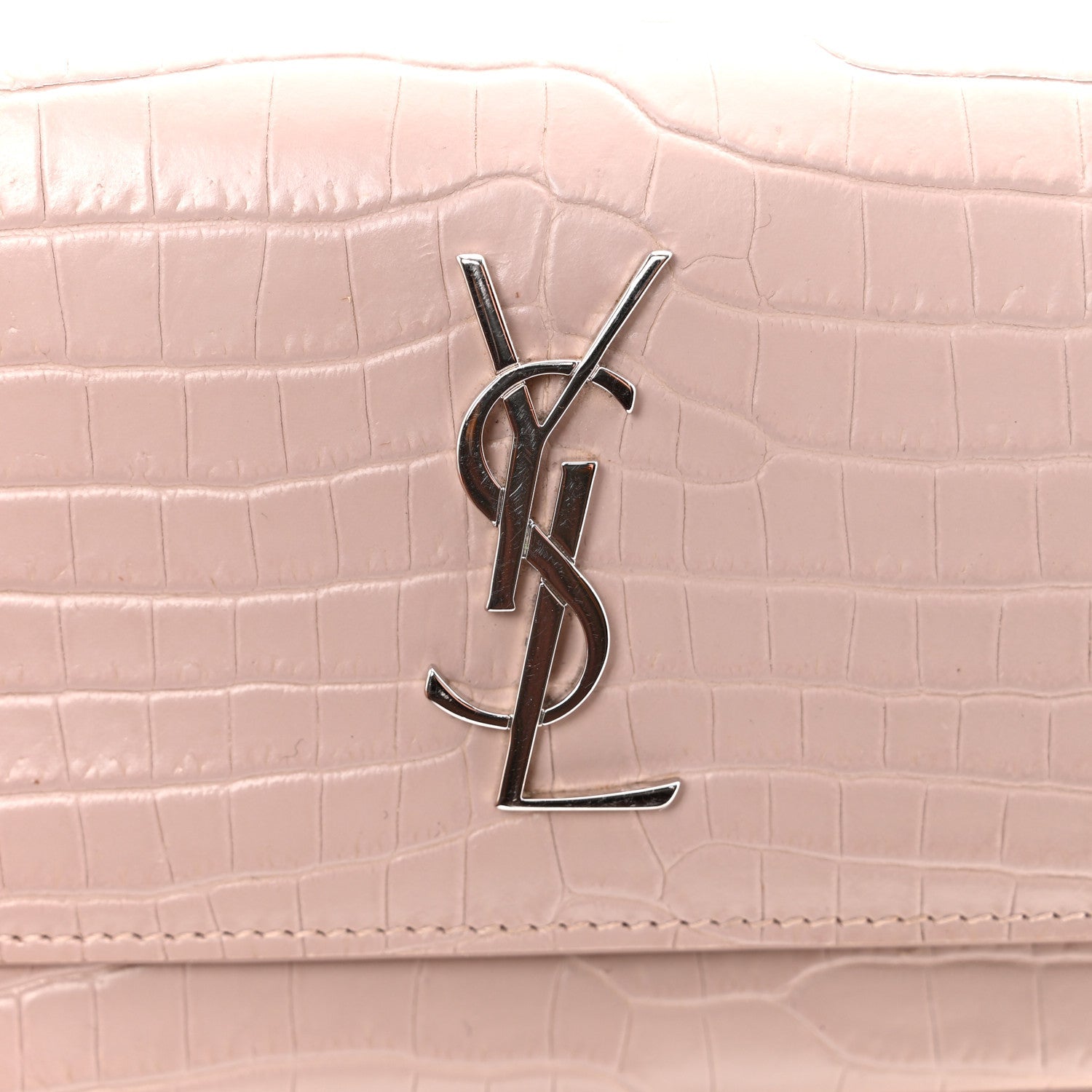 Calfskin Crocodile Embossed Monogram Sunset Chain Wallet Soft Nude