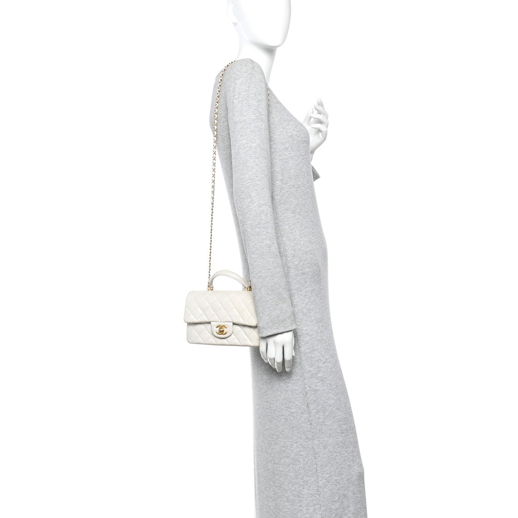 Iridescent Lambskin Quilted Mini Top Handle Rectangular Flap White