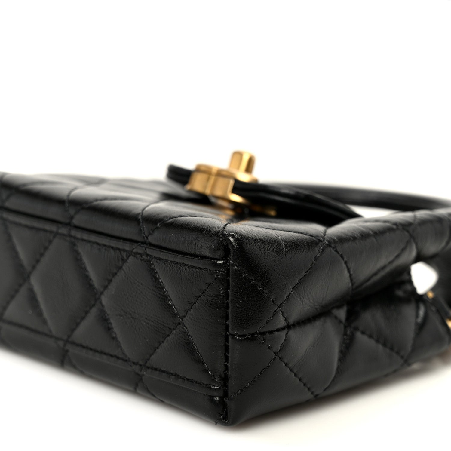 Shiny Aged Calfskin Quilted Mini Nano Kelly Shopper Black