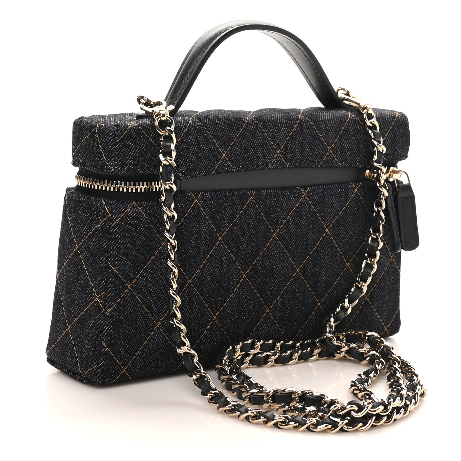Denim Quilted Top Handle Slim Vanity Case With Chain Dark Blue Orange