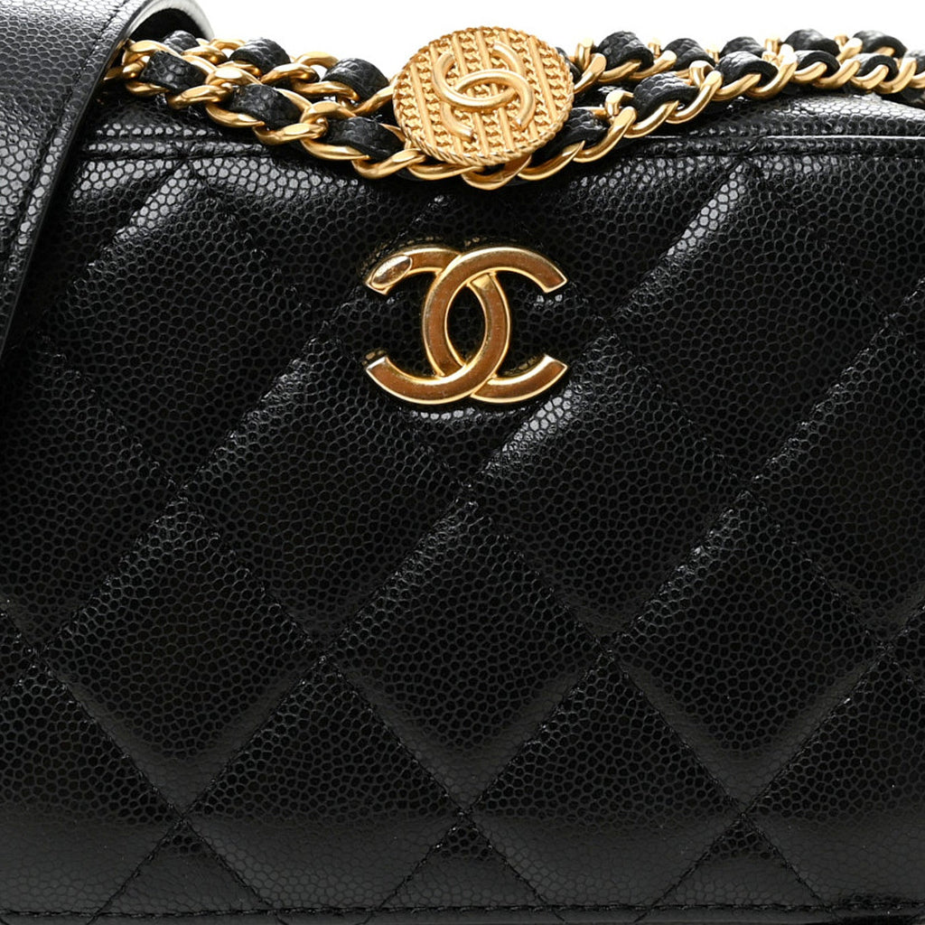 Caviar Quilted Twist Your Buttons Clutch With Chain Black