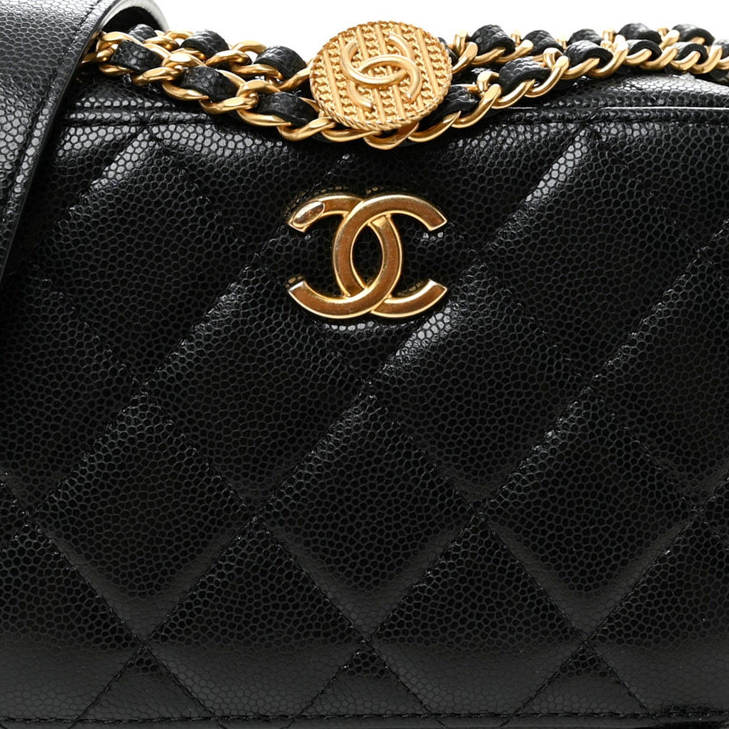 Caviar Quilted Twist Your Buttons Clutch With Chain Black