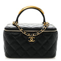 Lambskin Quilted Metal Small Top Handle Vanity Case With Chain Black