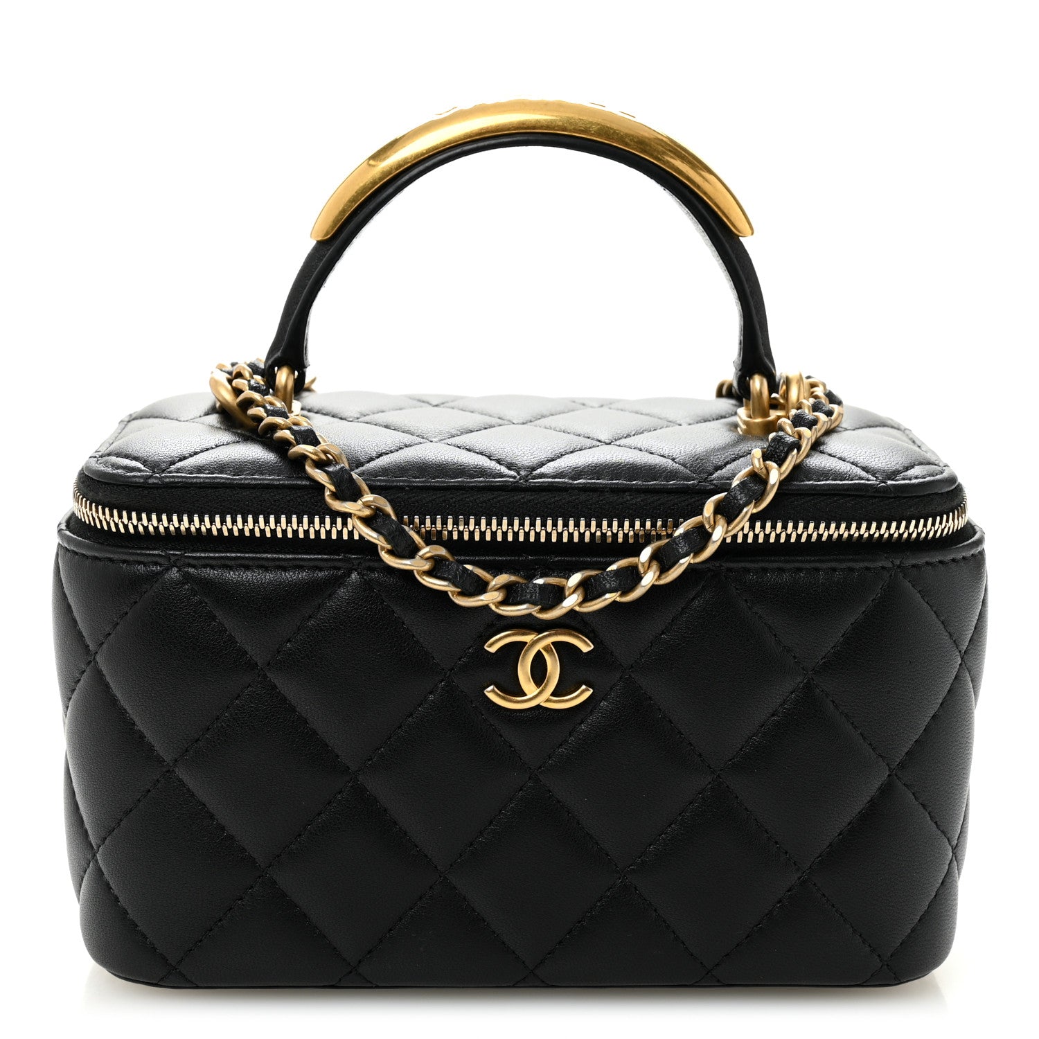 Lambskin Quilted Metal Small Top Handle Vanity Case With Chain Black