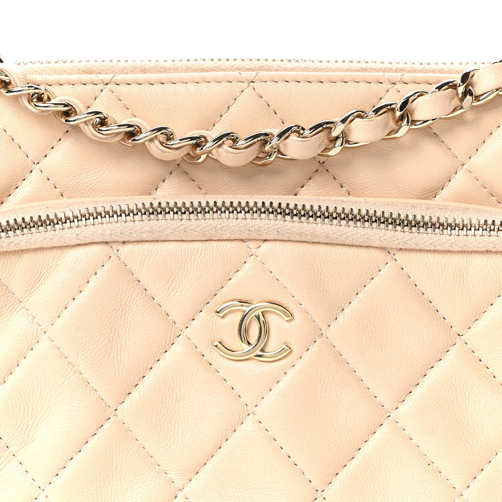 Shiny Crumpled Lambskin Quilted Small Preppy Pocket Clutch With Chain Beige