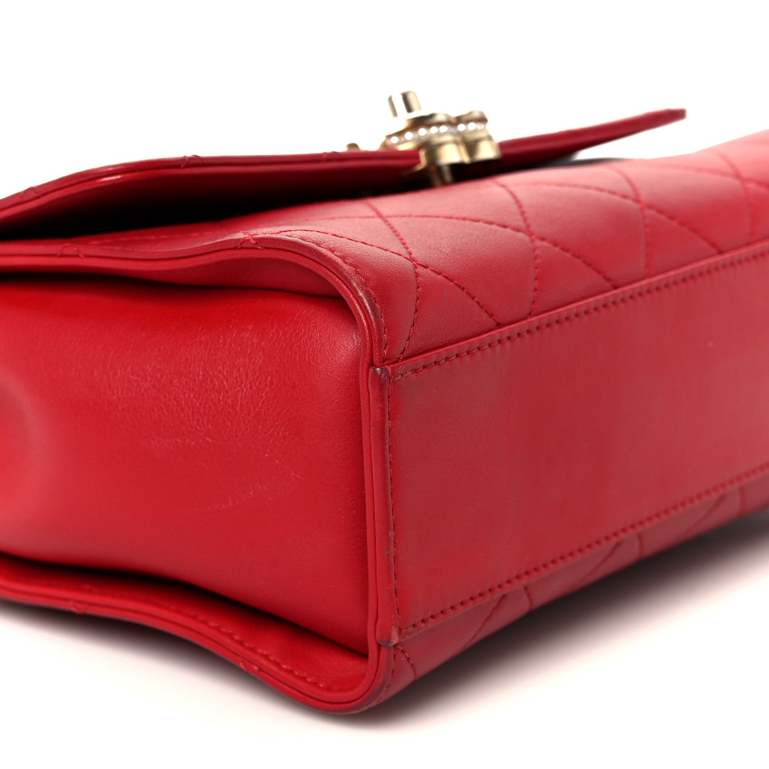 Lambskin Stitched Pearl Logo Top Handle Flap Red