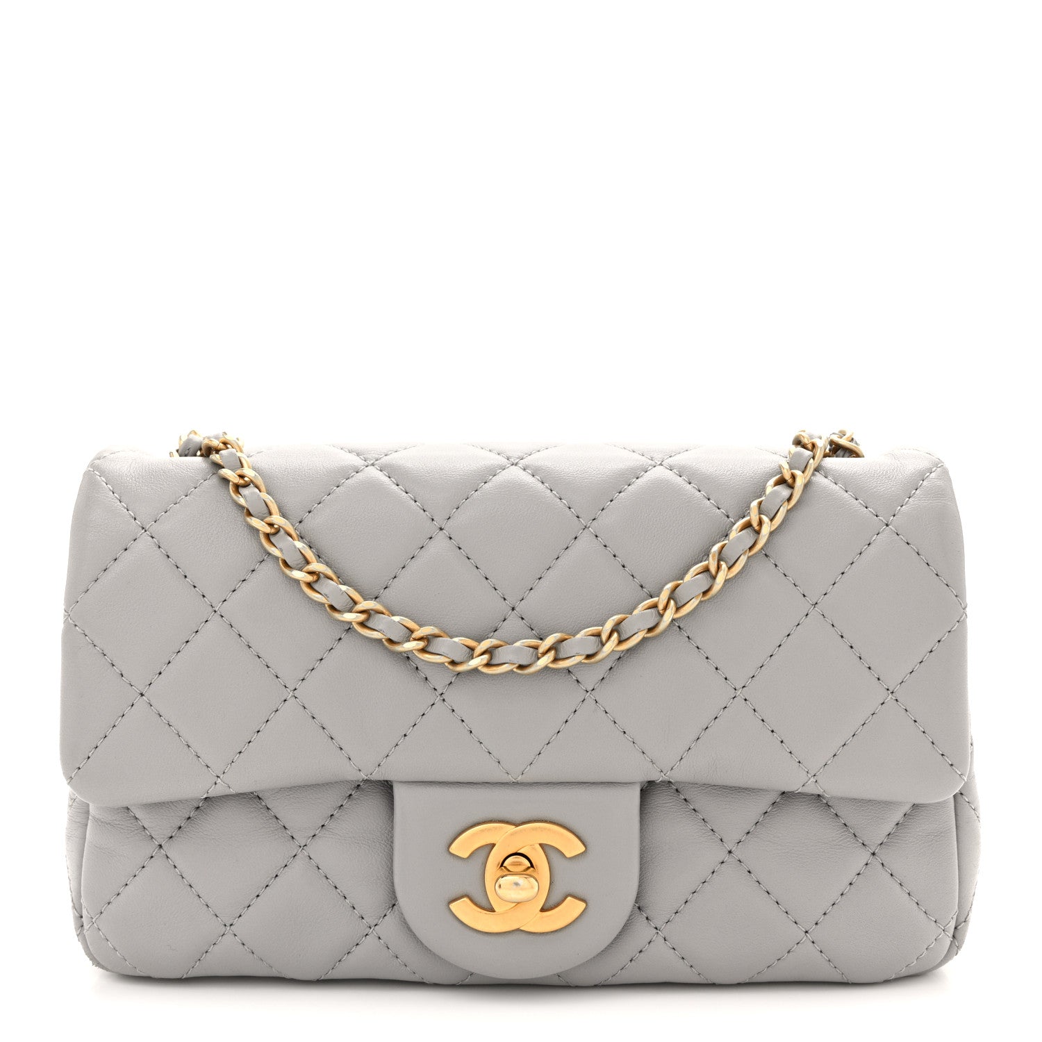 Lambskin Quilted Mini Rectangular Pearl Crush Flap Grey