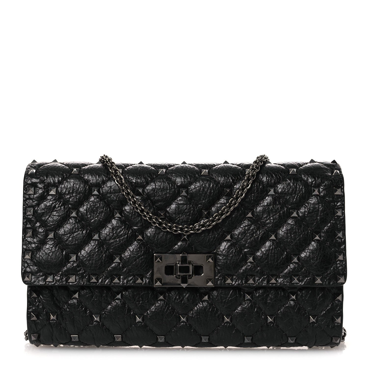 Craquele Nappa Rockstud Spike Wallet on Chain Black