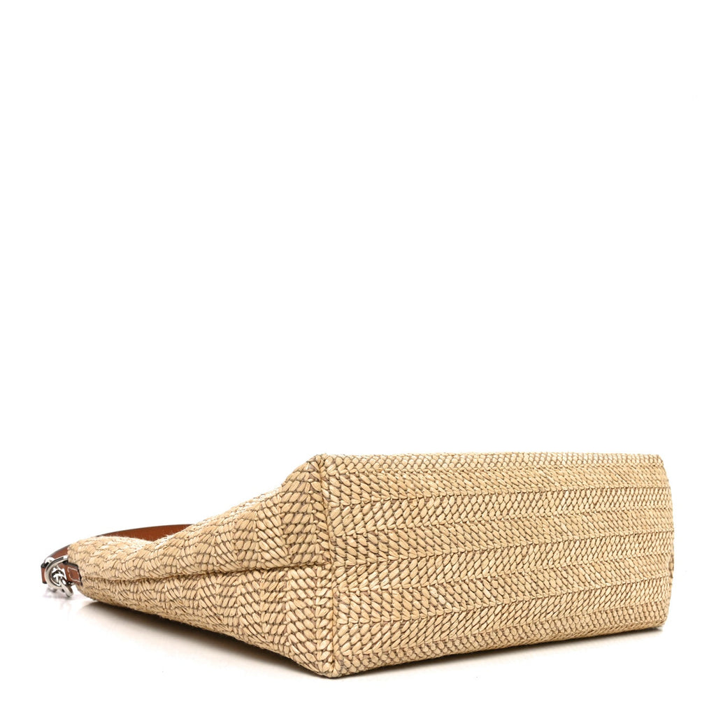 Raffia Woven Logo Patch Medium Tote Bag Natural Brown Multicolor