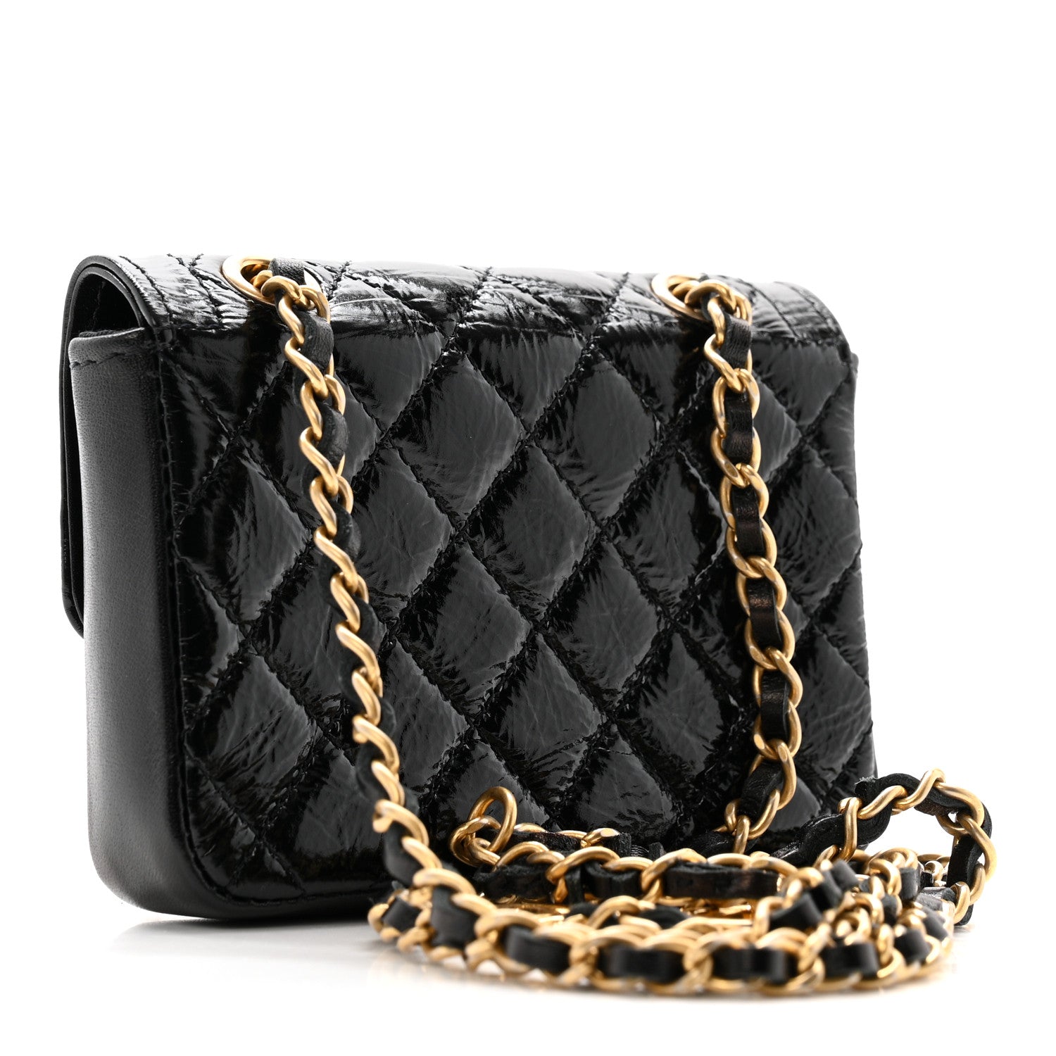 Shiny Aged Calfskin Quilted Waist Belt Bag Black