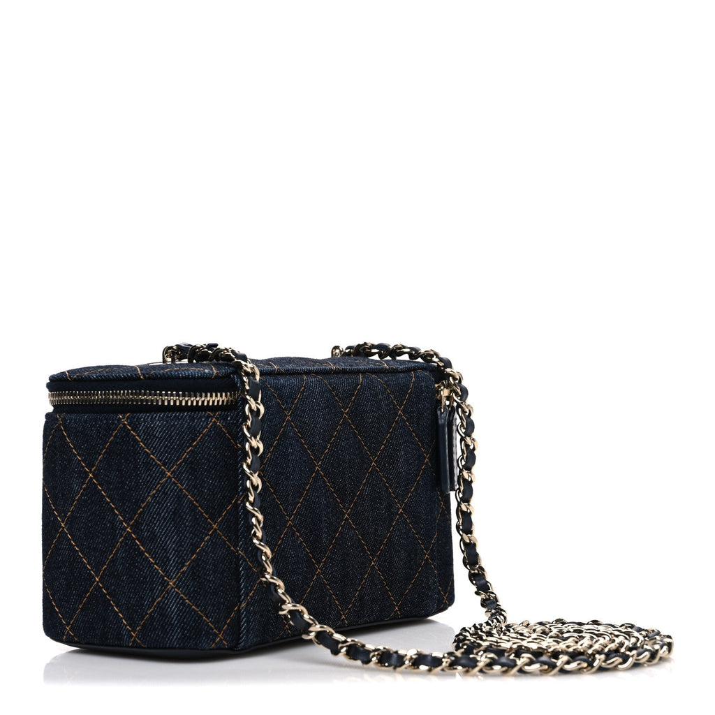 Denim Quilted Vanity Case With Chain Dark Blue Orange