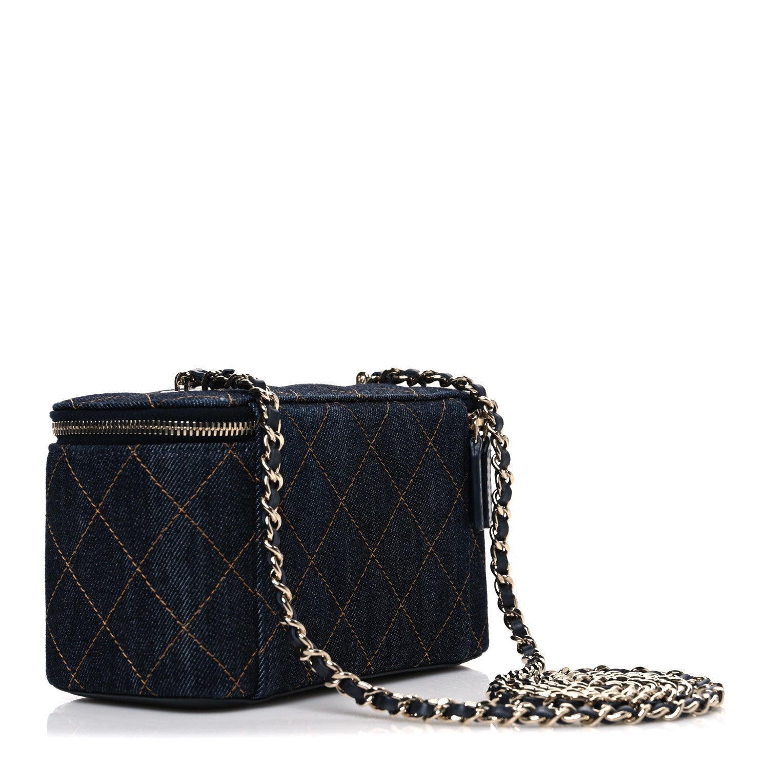 Denim Quilted Vanity Case With Chain Dark Blue Orange
