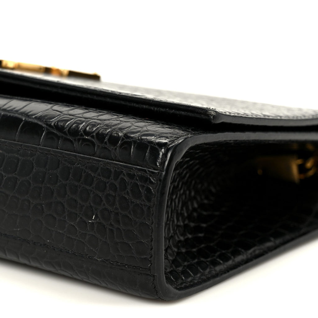 Calfskin Crocodile Embossed Medium Classic Monogram Kate Tassel Satchel Black
