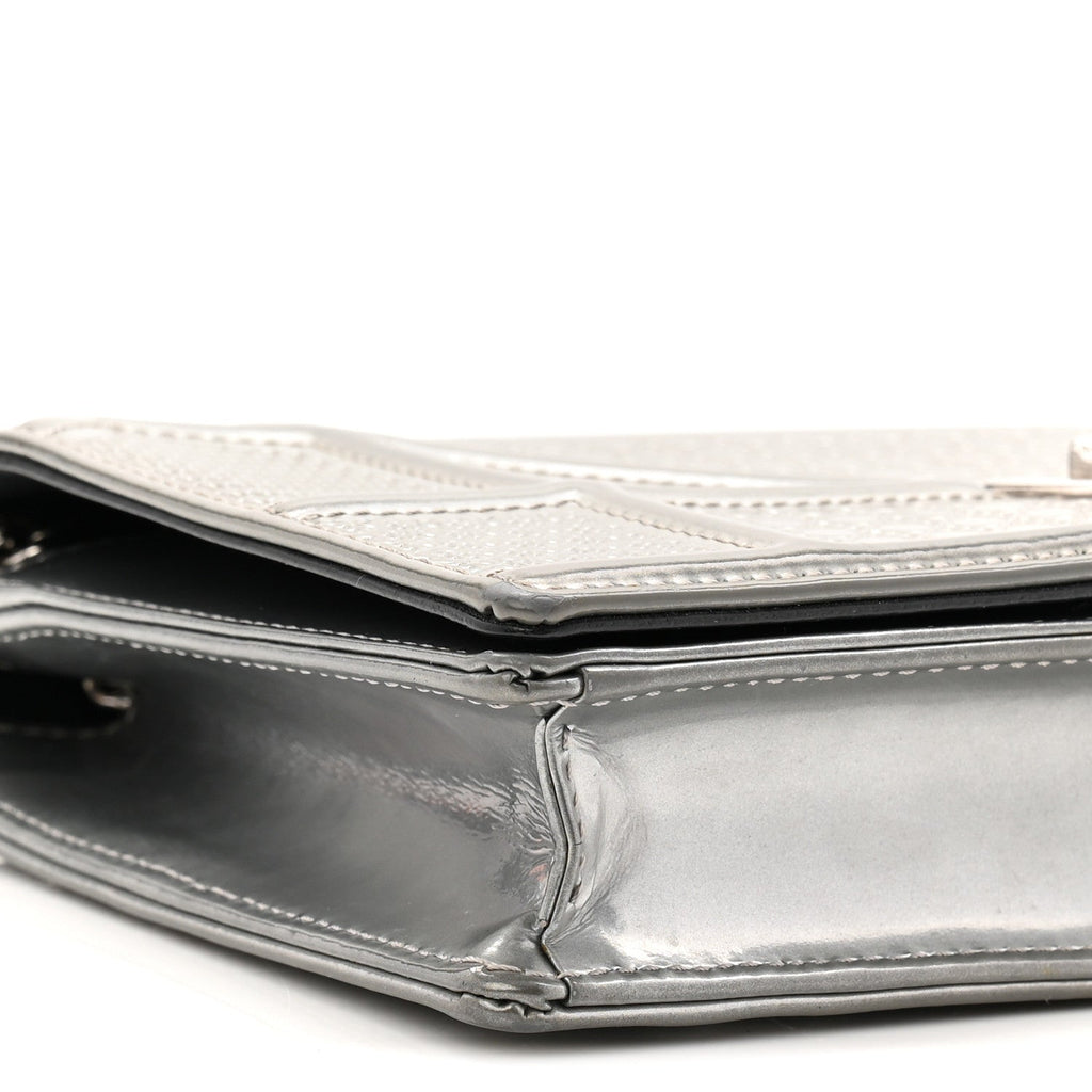 Metallic Patent Micro-Cannage Diorama Wallet on Chain Pouch Silver