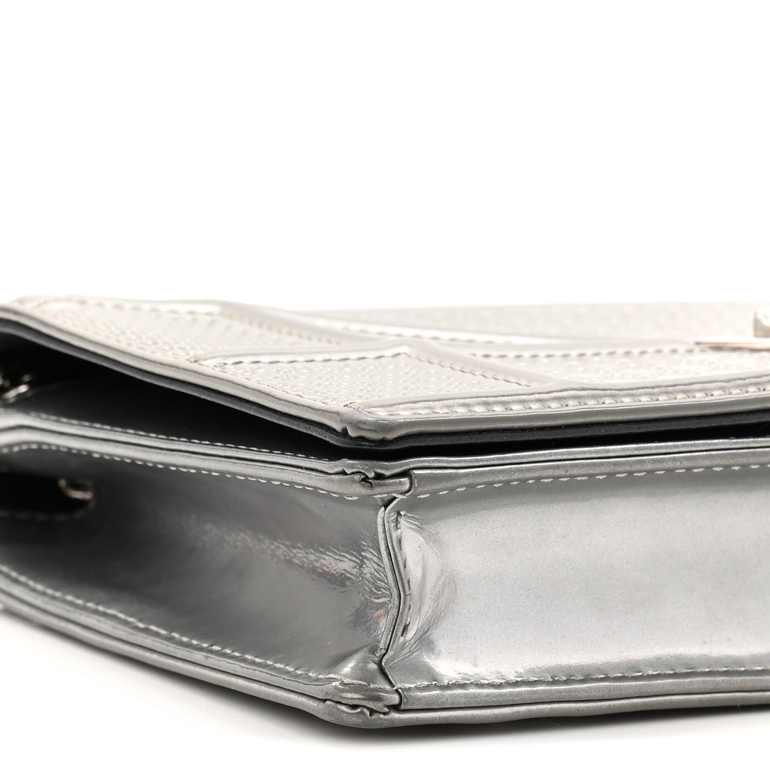 Metallic Patent Micro-Cannage Diorama Wallet on Chain Pouch Silver