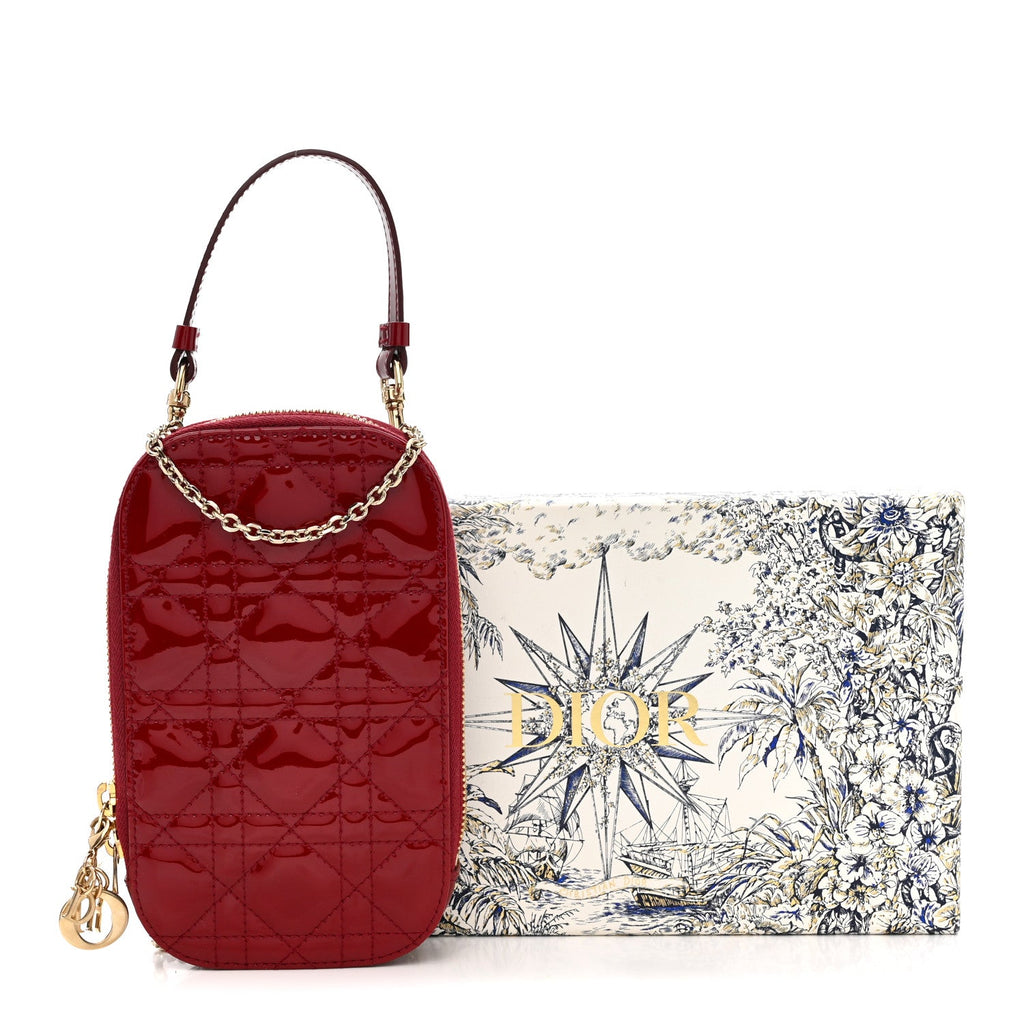 Patent Cannage Lady Dior Phone Holder Red